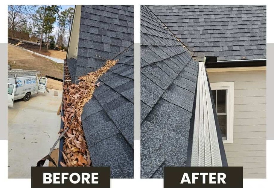 Before and after of Seneca gutter cleaning service by the experts at SureFlow Gutters